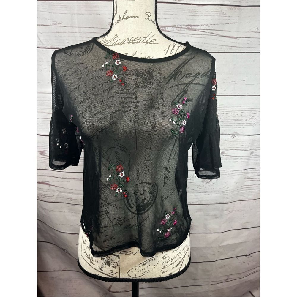 Speechless Black Mesh Embroidered Floral Bell‎ Sleeve Top Women's XL